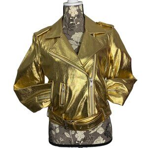Levis Strauss Metallic Gold Faux Leather Moto Zipper Jacket Womens SZ S EUC